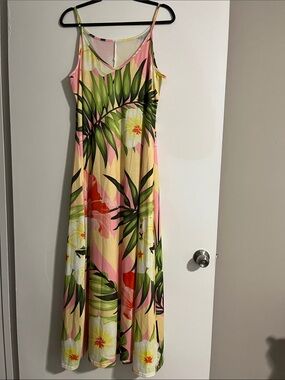 Tropical Palm Print Maxi Dress - Pink & Yellow